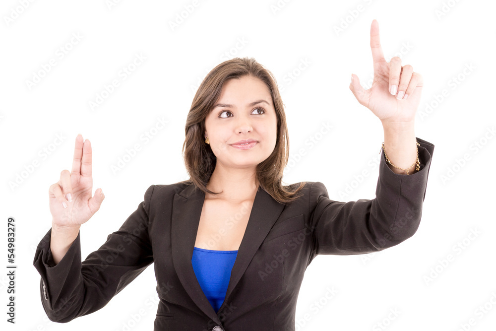 Pretty woman pointing at something in the air Pretty woman pointing at something in the air