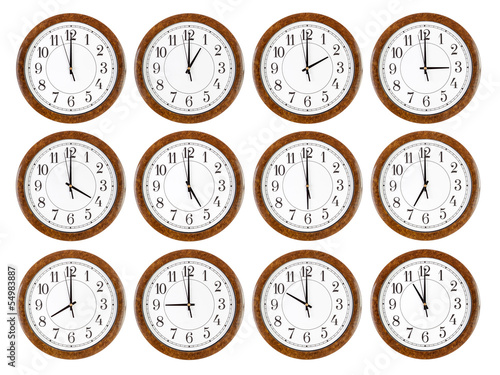 Set of wall clocks with brown wooden frame