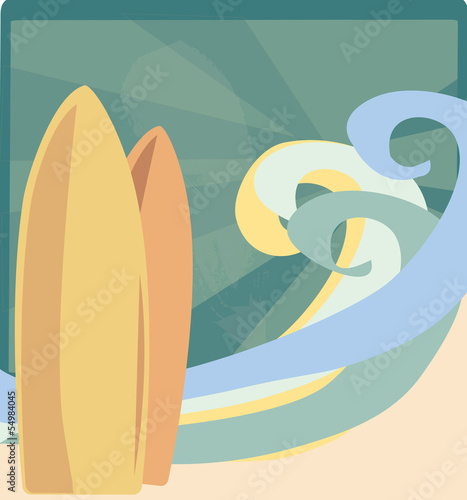 Surf Boards with Waves and Sun Rays on the Beach