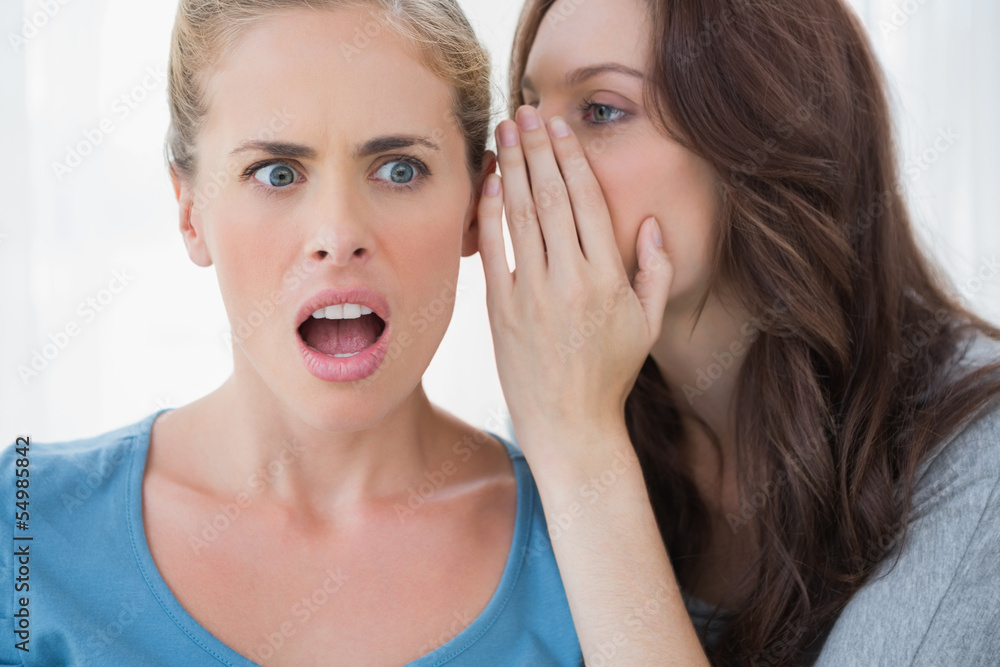 Brunette whispering secret to her friend Brunette whispering secret to her friend