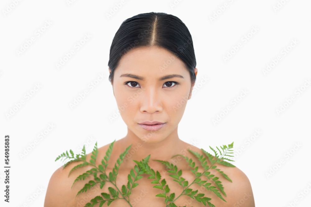 Serious sensual dark haired model posing with fern Serious sensual dark haired model posing with fern