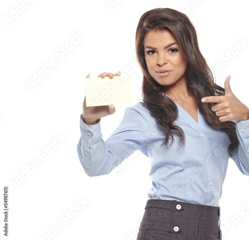 Portrait of a beautiful businesswoman holding a white card