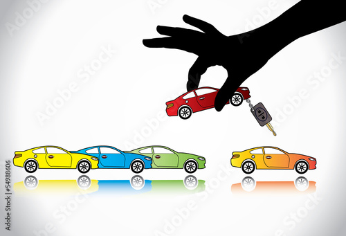 Best Car Sale on Show Concept hand choosing red colored car