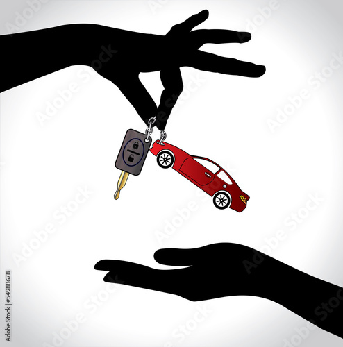 Red Car Sale Concept hands exchanging colorful automatic key