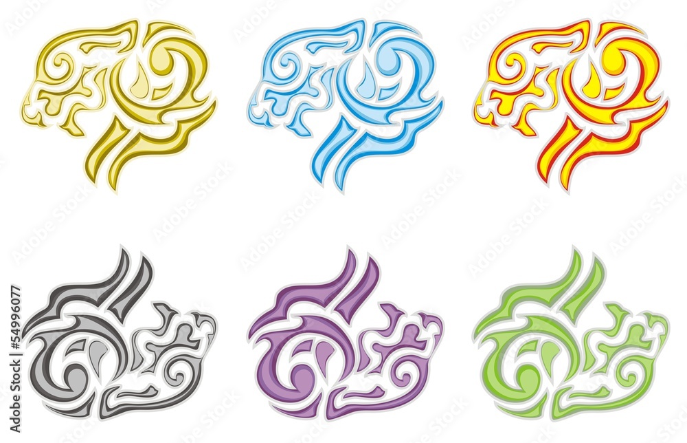 Fototapeta premium Tribal lion head symbols - the earth, fire, water, ashes