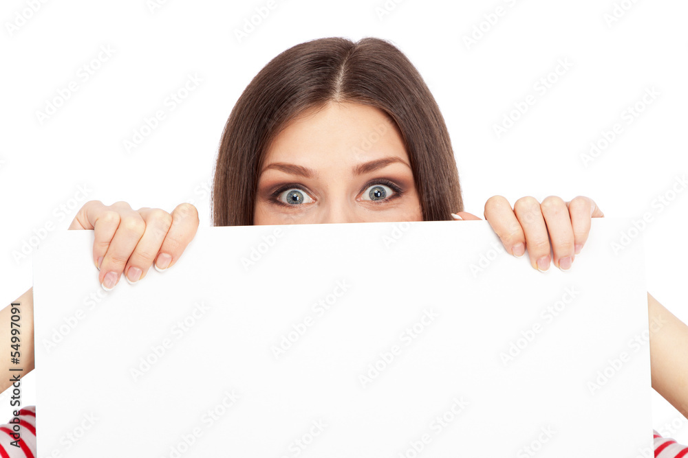 Casual young woman holding a white board Casual young woman holding a white board