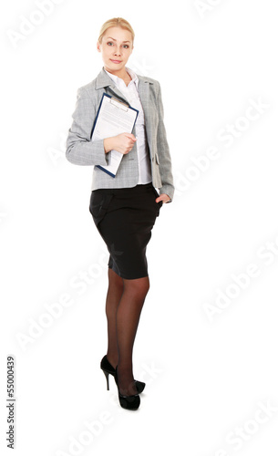 A business woman holding papers , isolated on white background