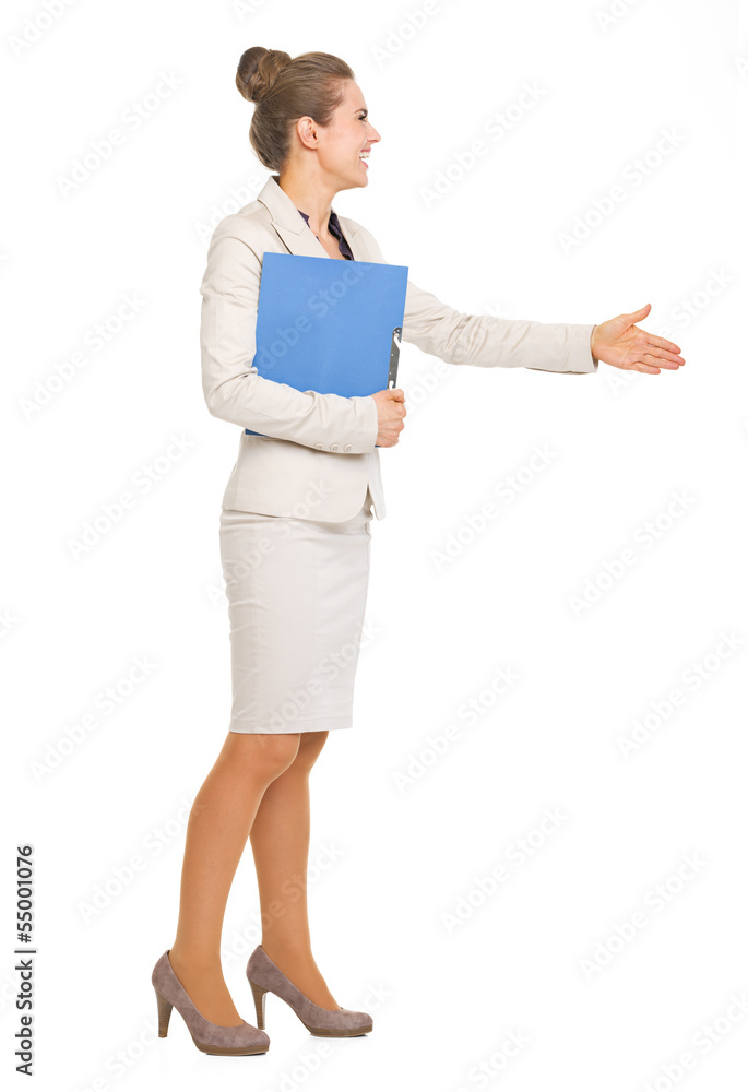 Full length portrait of happy business woman with folder Full length portrait of happy business woman with folder