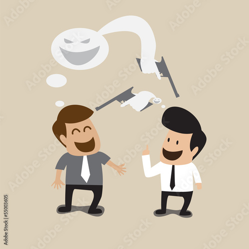 Two businessman are talking with smiling face but mischievous in