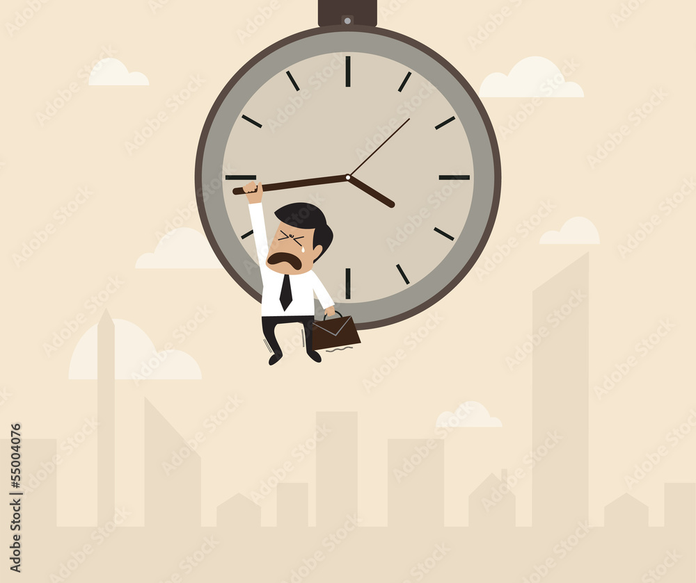 Businessman hangs on an arrow of clock that floating on sky