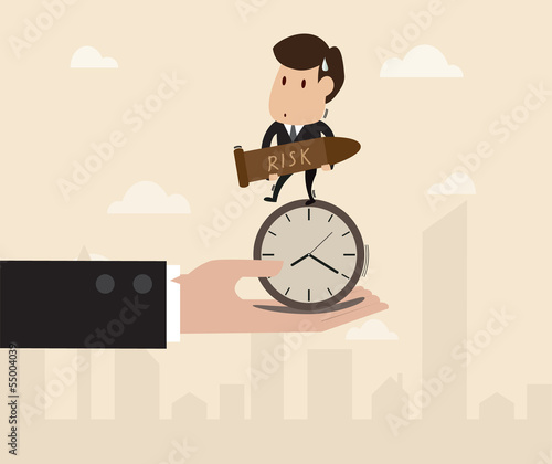 Businessman stand on the clock while carry bomb  with big hand