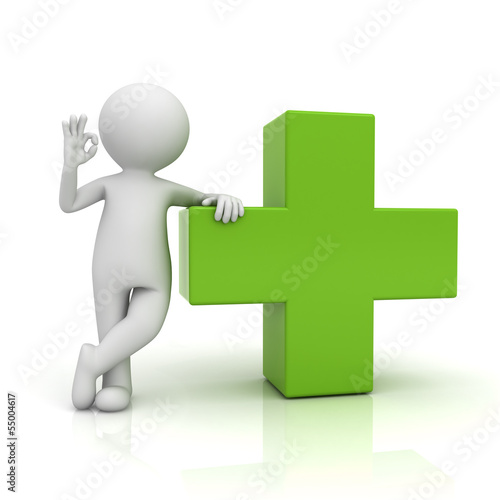 3d man showing okay gesture with green plus sign over white