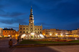 Night panorama of the Main Square in Zamosc, Poland.