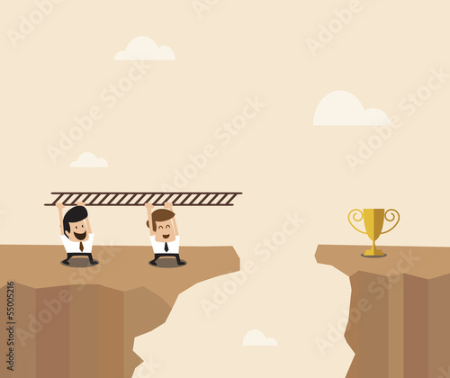 Two Businessman carry ladder to cross the space to destination