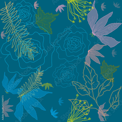 Seamless pattern with flowers and leaves on blue background