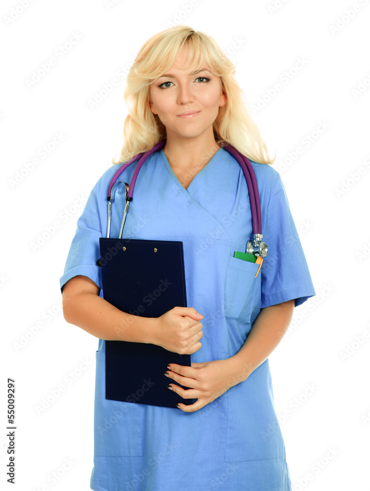 A female doctor with a folder , isolated on white background A female doctor with a folder , isolated on white background