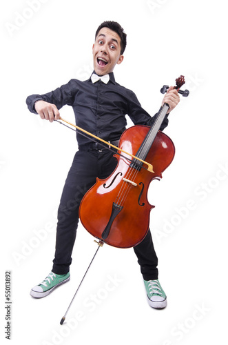 Funny man with violin on white