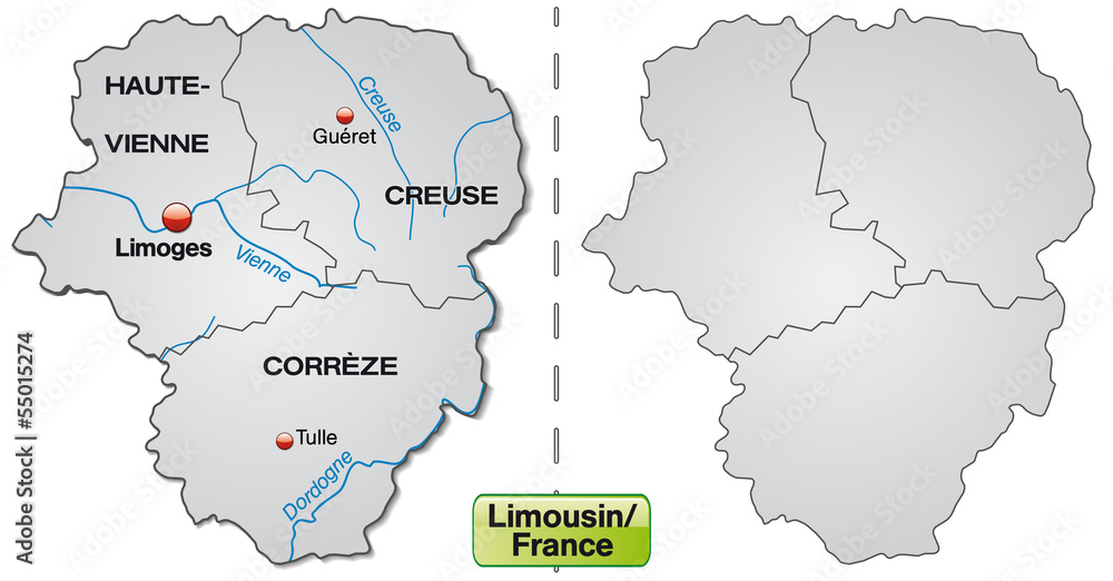 Inselkarte von Limousin mit Grenzen in Grau
