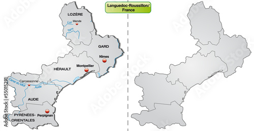 Inselkarte von Languedoc-Roussillon mit Grenzen in Grau