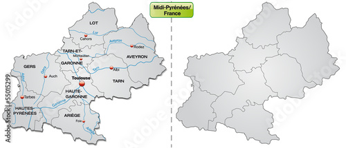 Inselkarte von Midi-Pyrénées mit Grenzen in Grau