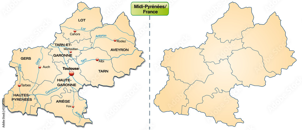 Inselkarte von Midi-Pyrénées mit Grenzen in Pastelorange