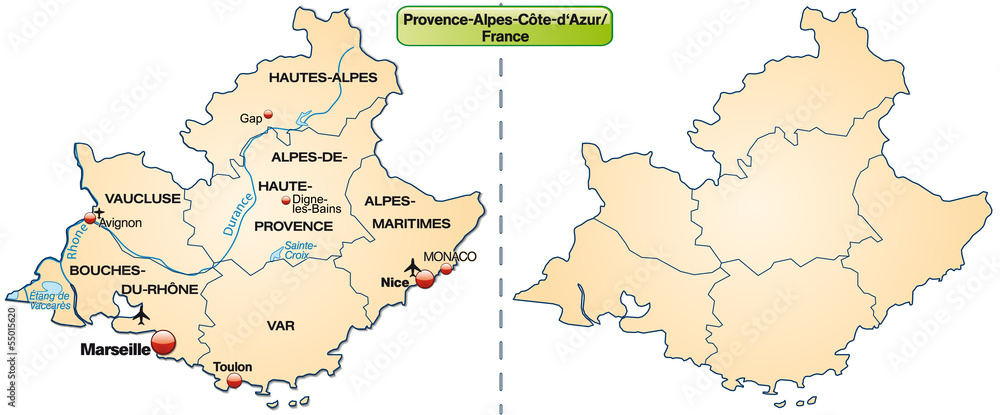 Inselkarte von Provence-Alpes-Côte d´Azur mit Grenzen in orange