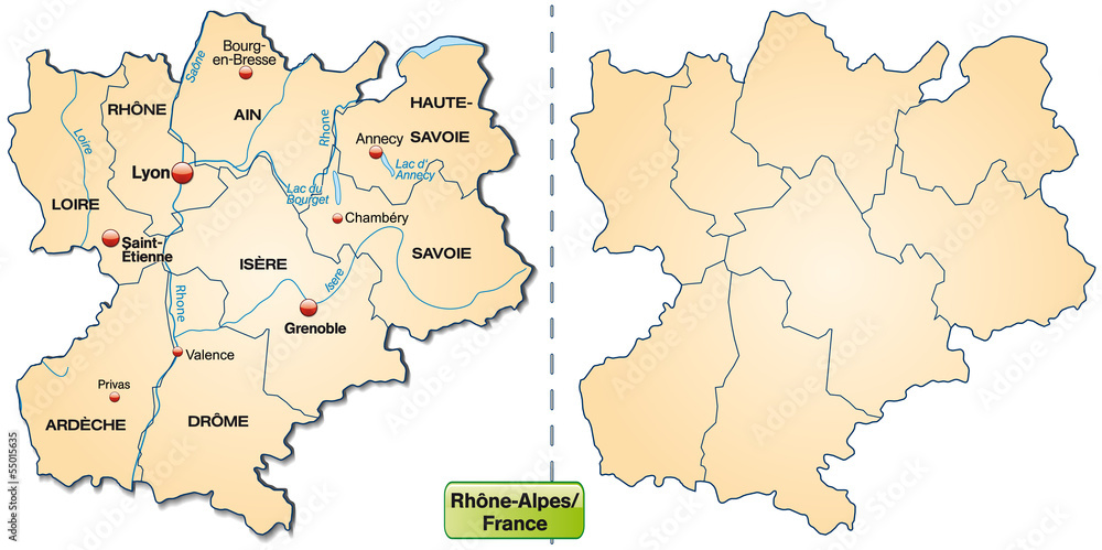 Inselkarte von Rhrône-Alpes mit Grenzen in Pastelorange