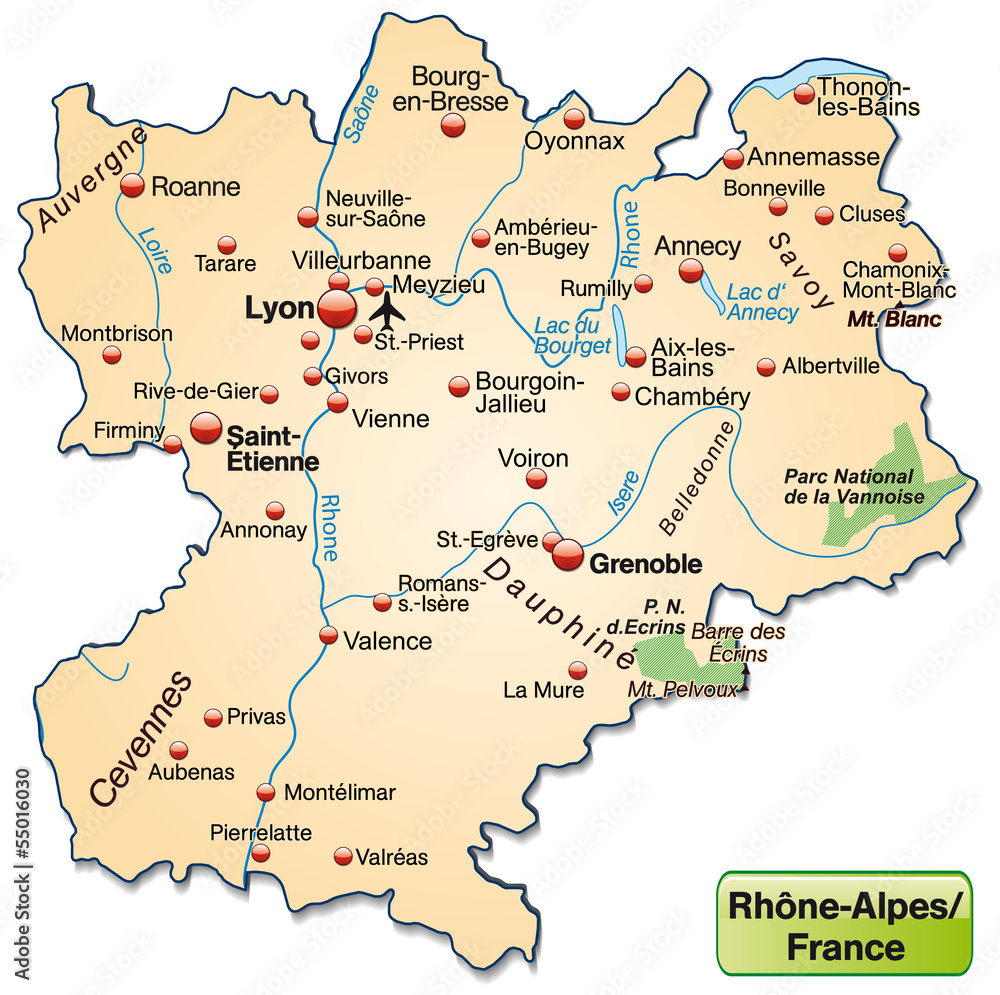 Obraz premium Inselkarte von Rhrône-Alpes als Übersichtskarte in Pastelorange
