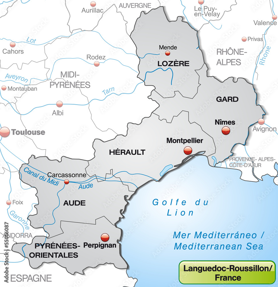 Umgebungskarte von Languedoc-Roussillon mit Grenzen in Grau Umgebungskarte von Languedoc-Roussillon mit Grenzen in Grau