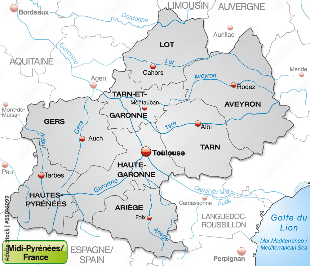 Umgebungskarte von Midi-Pyrénées mit Grenzen in Grau