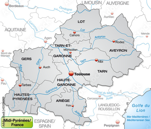 Umgebungskarte von Midi-Pyrénées mit Grenzen in Grau