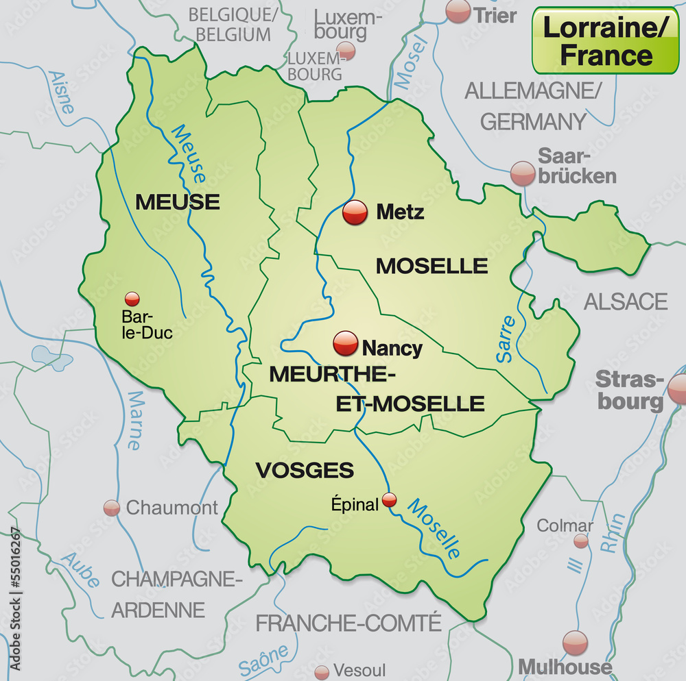 Umgebungskarte von Lothringen mit Grenzen in Pastelgrün