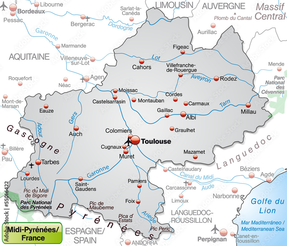 Umgebungskarte von Midi-Pyrénées als Übersichtskarte in Grau