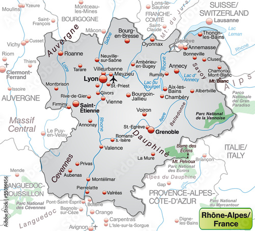 Umgebungskarte von Rhrône-Alpes als Übersichtskarte in Grau