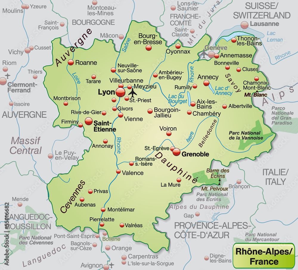 Umgebungskarte von Rhrône-Alpes als Übersichtskarte in Pastelgrü