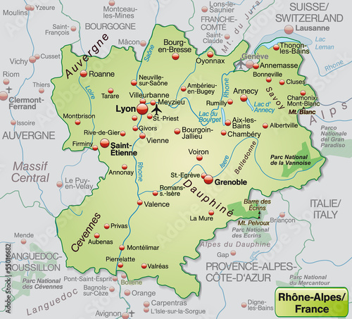 Umgebungskarte von Rhrône-Alpes als Übersichtskarte in Pastelgrü