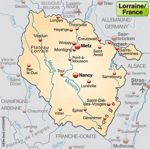 Umgebungskarte von Lothringen als Übersichtskarte in Pastelorang