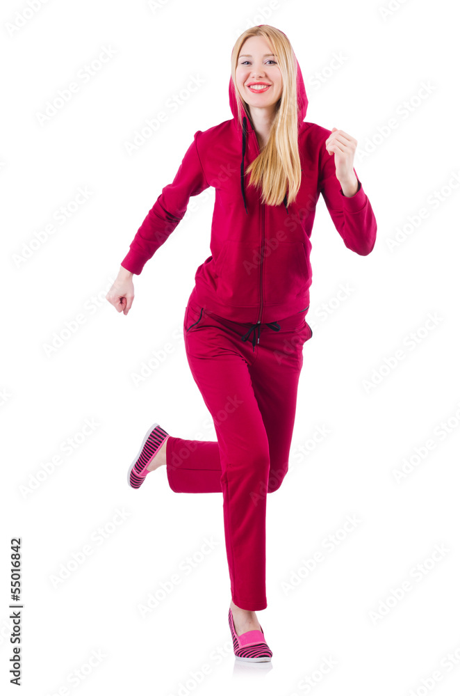 Young woman doing exercises on white