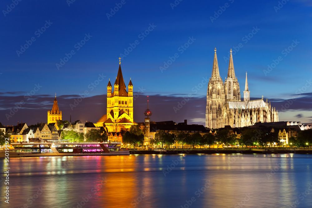 view of Cologne Cathedral and Great St. Martin Church, Germany