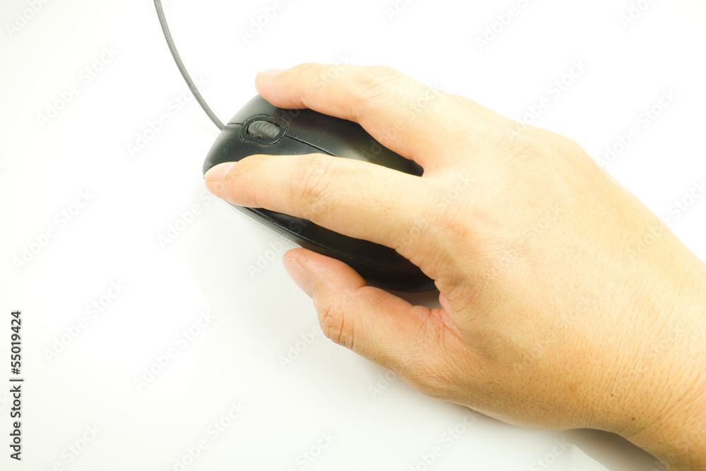 hand using computer mouse on white background hand using computer mouse on white background