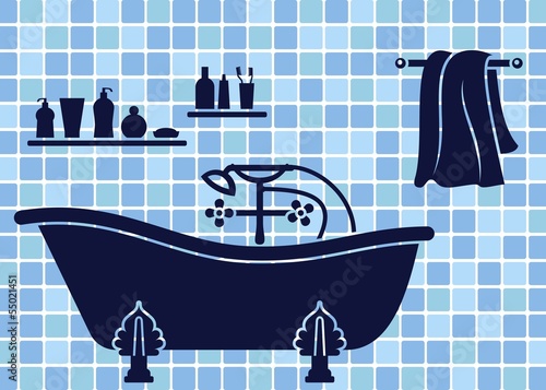 Blue bathroom interior with bath