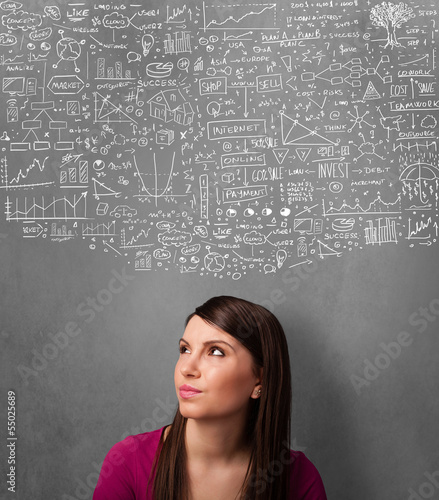 Young woman gesturing with sketched charts above her head