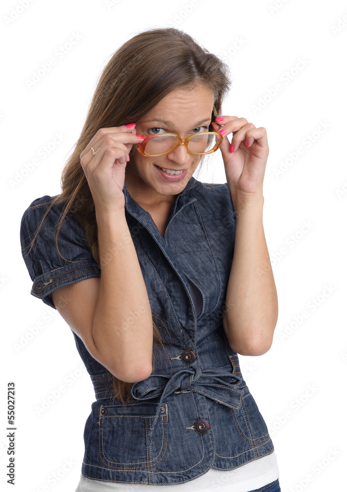 girl wear nerd glasses isolated on white girl wear nerd glasses isolated on white