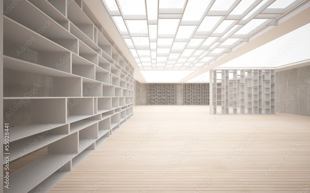 Fototapeta premium Abstract interior. Stylish white shelves against the concrete an
