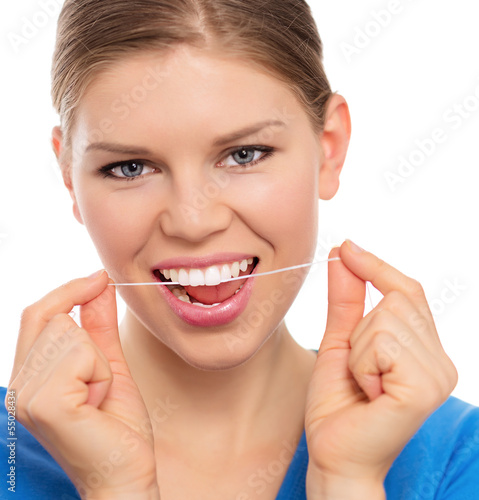 Dental care female with teeth floss  isolated on white