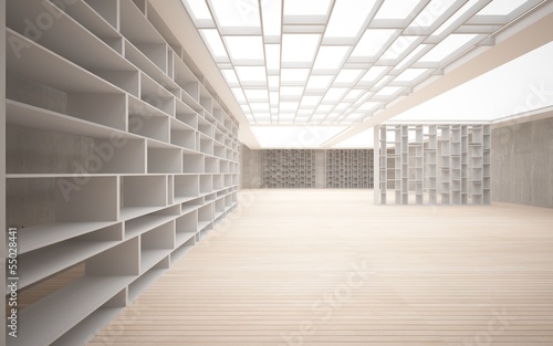 Abstract interior. Stylish white shelves against the concrete an