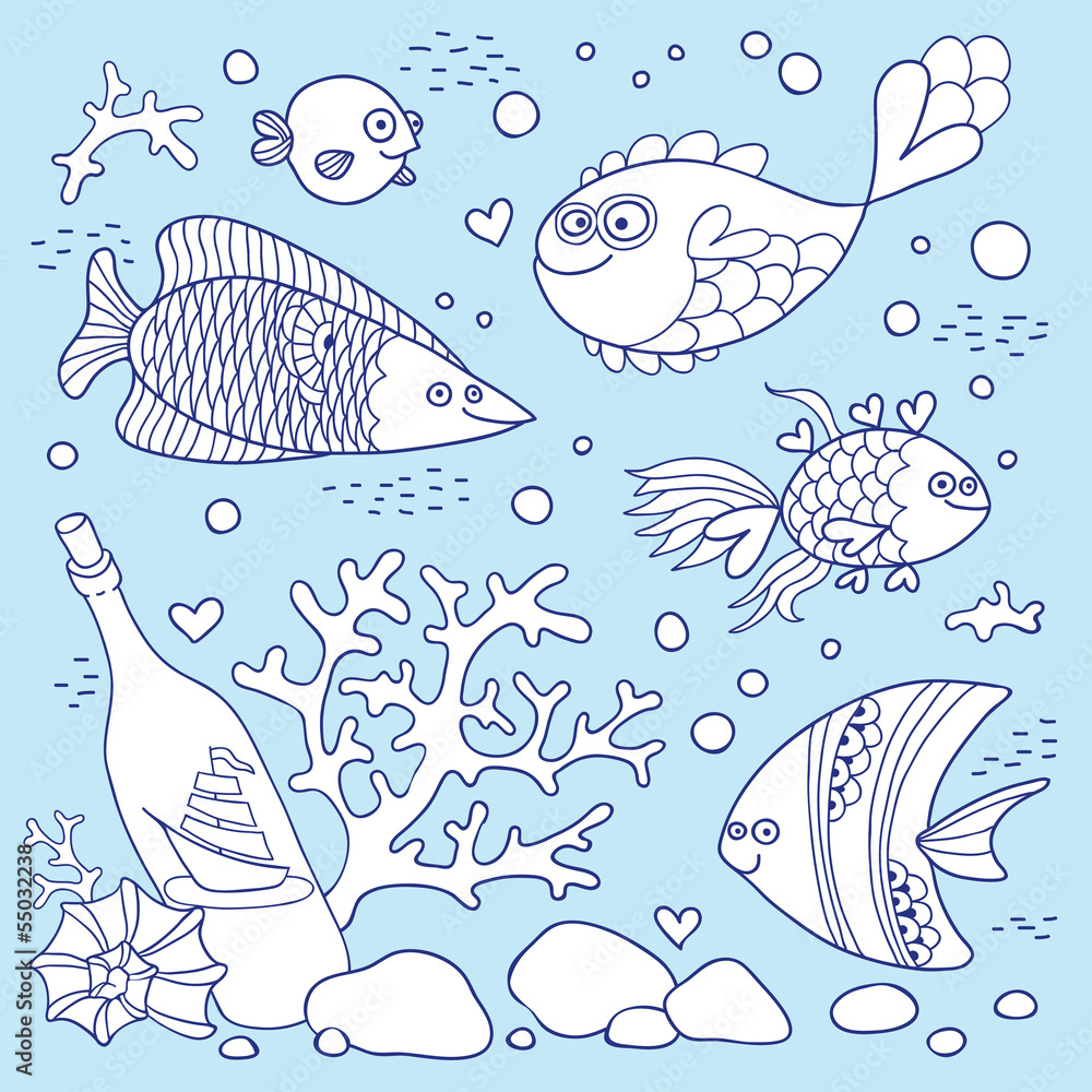 Illustration of underwater life. A set of elements: fish, bottle Illustration of underwater life. A set of elements: fish, bottle