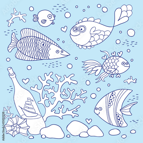 Illustration of underwater life. A set of elements: fish, bottle
