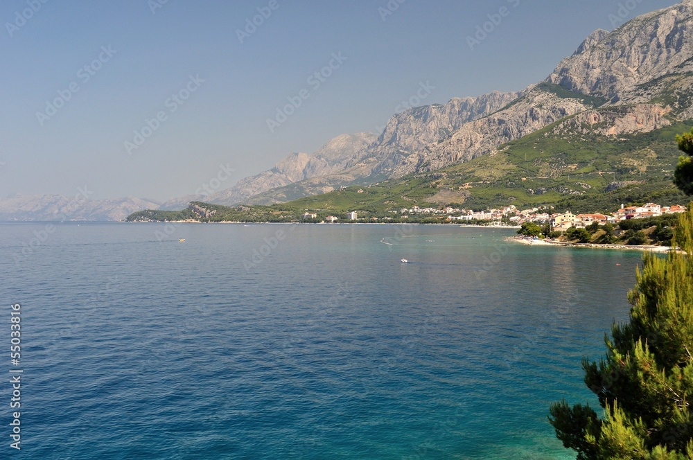 View of Biokovo mountain with adriatic sea at Tucepi, Croatia