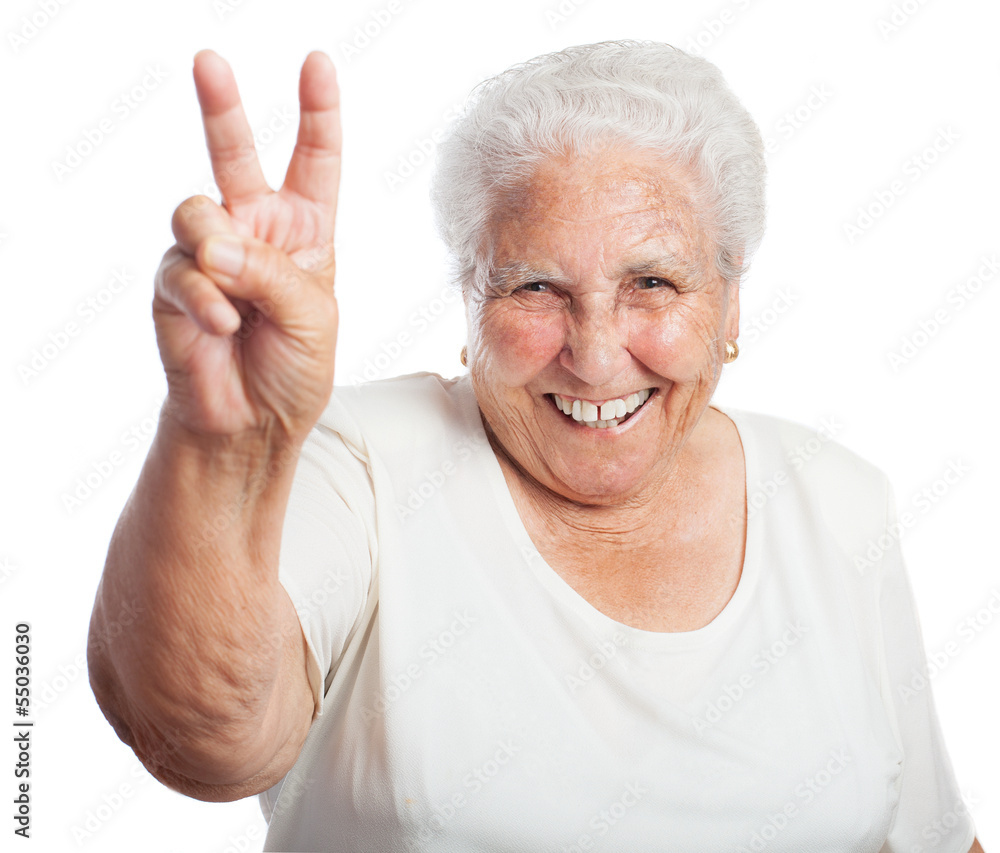 old woman victory symbol on a white background old woman victory symbol on a white background